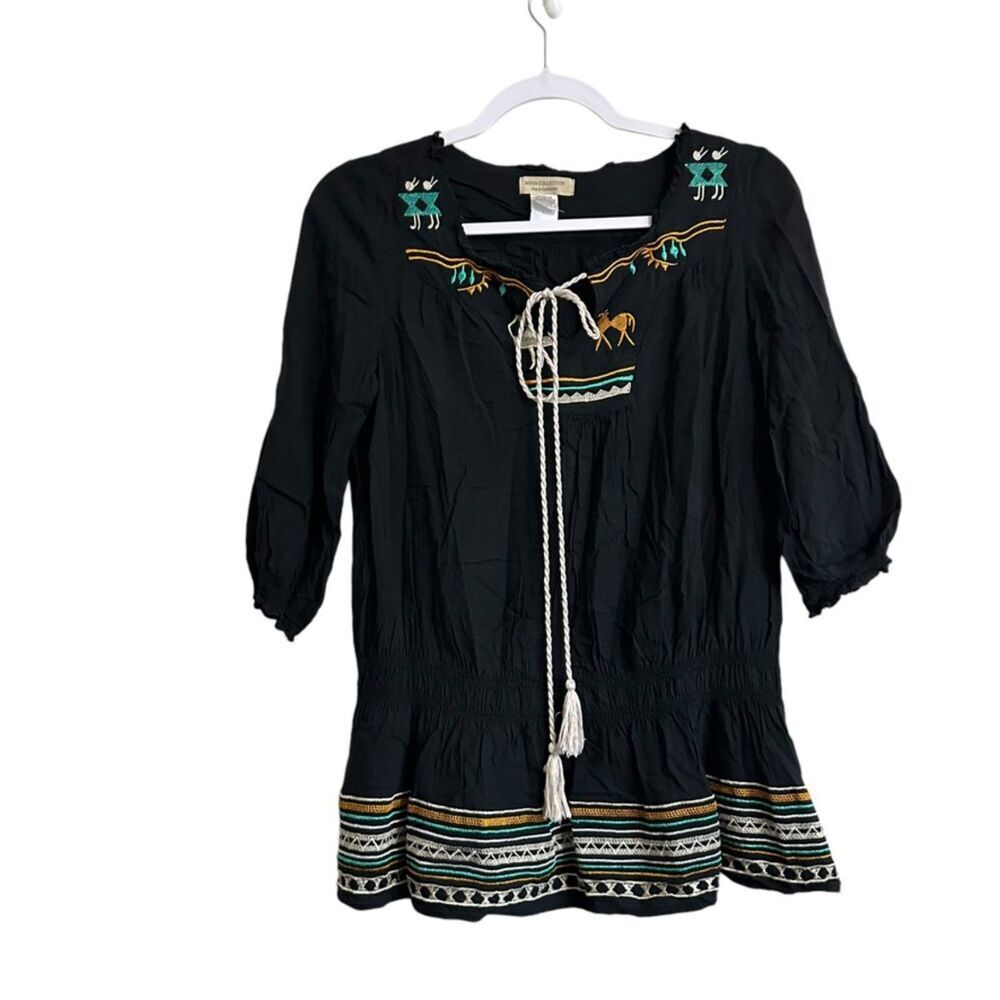 Moon‎ Collection 3/4 Sleeve Blouse Women S Black Embroidered Boho Casual
